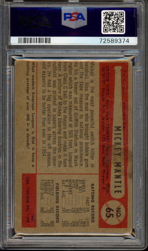 1954 Bowman #65 Mickey Mantle PSA 1 Vintage HOF Baseball Card (9374) view 2