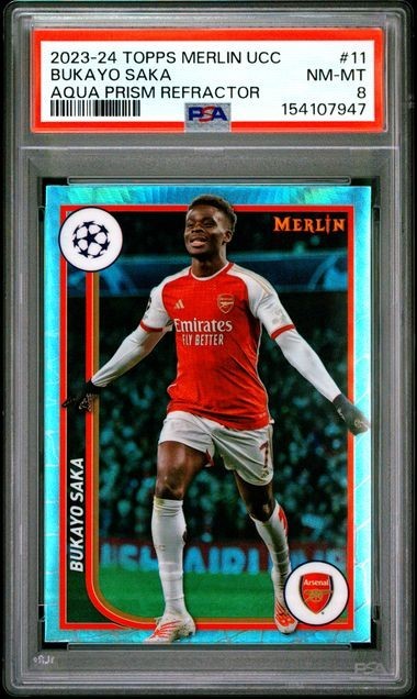 2023-24 TOPPS MERLIN UEFA UCC #11 BUKAYO SAKA AQUA PRISM REFRACTOR PSA 8