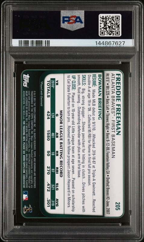 2011 Bowman Gold RC Freddie Freeman PSA 8 view 2