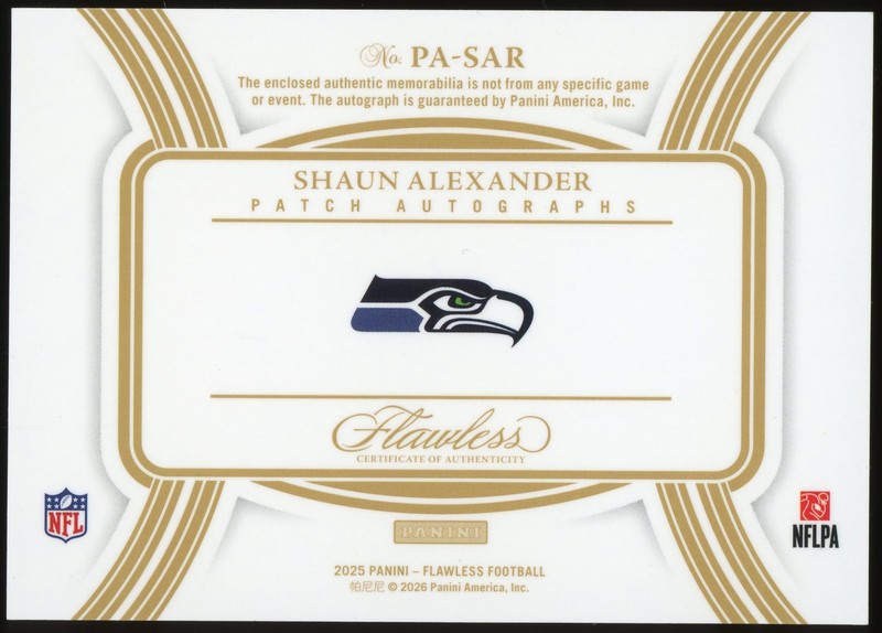2025 Panini Flawless Shaun Alexander Patch Auto Sapphire /10 #PA-SAR Seahawks view 2