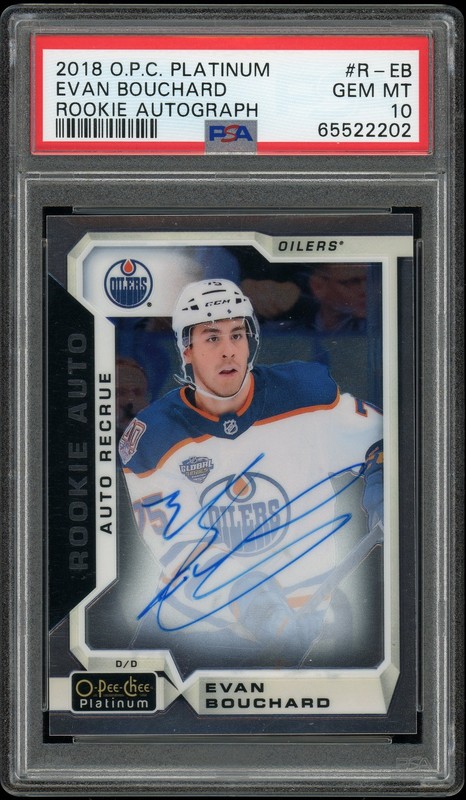 2018 O-Pee-Chee Platinum Evan Bouchard Rookie Auto #R-EB PSA 10 Oilers view 1