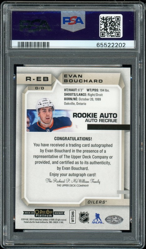2018 O-Pee-Chee Platinum Evan Bouchard Rookie Auto #R-EB PSA 10 Oilers view 2