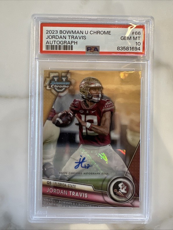 2023 Bowman U Chrome Jordan Travis Auto PSA 10 Florida State Seminoles Jets RC