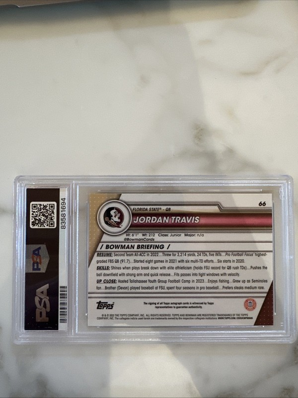 2023 Bowman U Chrome Jordan Travis Auto PSA 10 Florida State Seminoles Jets RC view 2