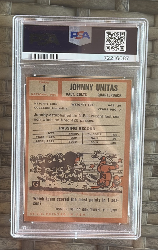 1962 Johnny Unitas Topps #1 Football Card Graded PSA 5 EX view 2