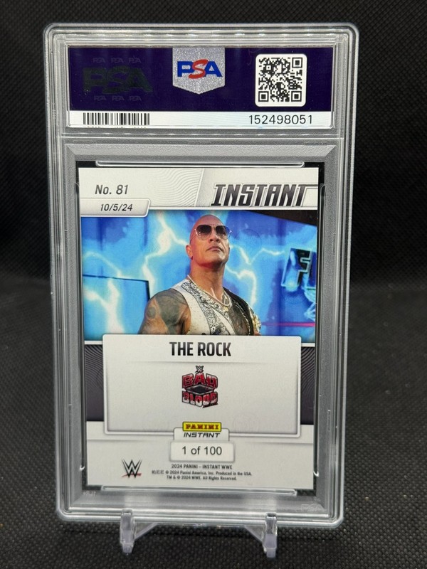 The Rock 2024 Panini 9stant WWE No. 81 Bad Blood /100 PSA 9 view 2