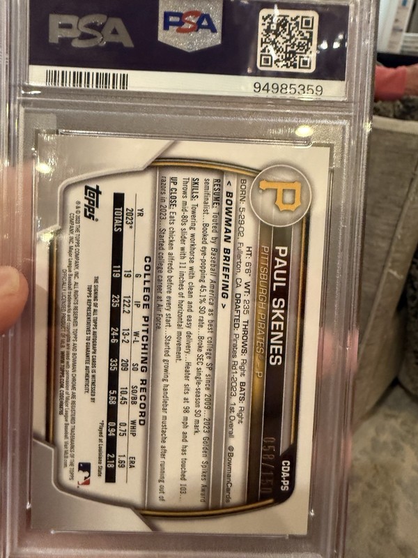 2023 Bowman Chrome Draft Paul Skenes Blue Refractor Prospect Auto /150 PSA 9 view 2