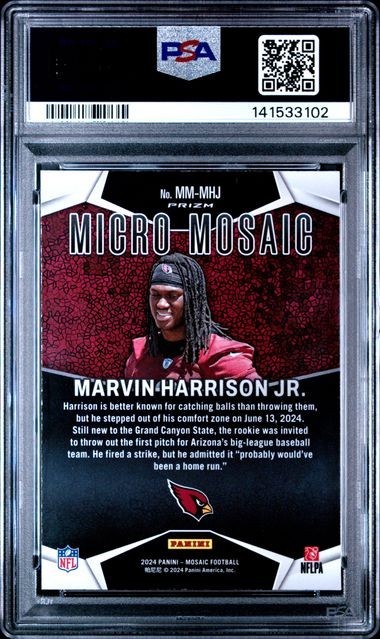 2024 Panini Mosaic Marvin Harrison Jr Micro Mosaic SSP RC Cardinals PSA 10 view 2
