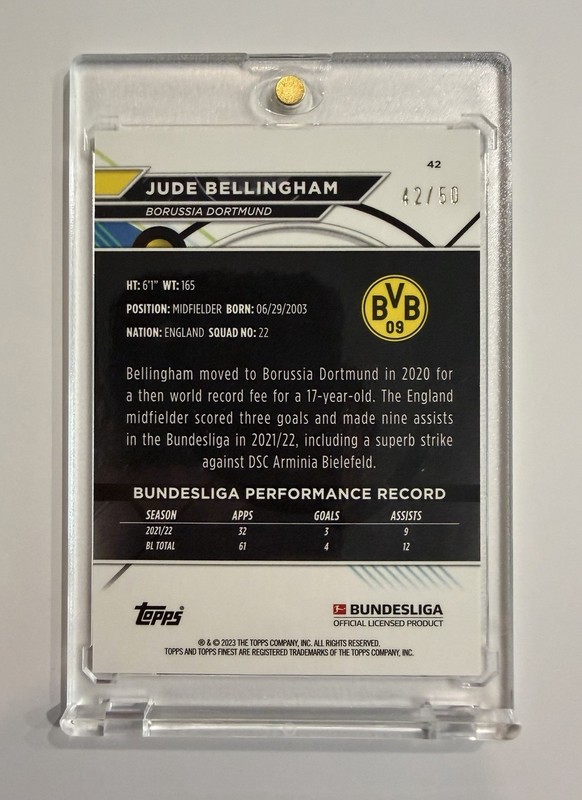 2022-23 Topps Finest Bundesliga Jude Bellingham #42 Gold Refractor /50 view 2