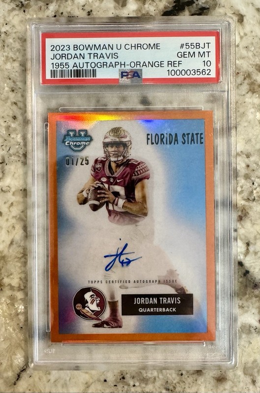2023 Bowman U Chrome Jordan Travis Auto Orange Refractor 1/25 PSA 10 FSU #55BJT