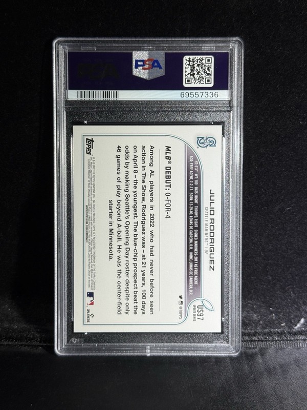 2022 Topps Update Julio Rodriguez RC Rainbow Foil Rookie #US97 Mariners PSA 10 view 2