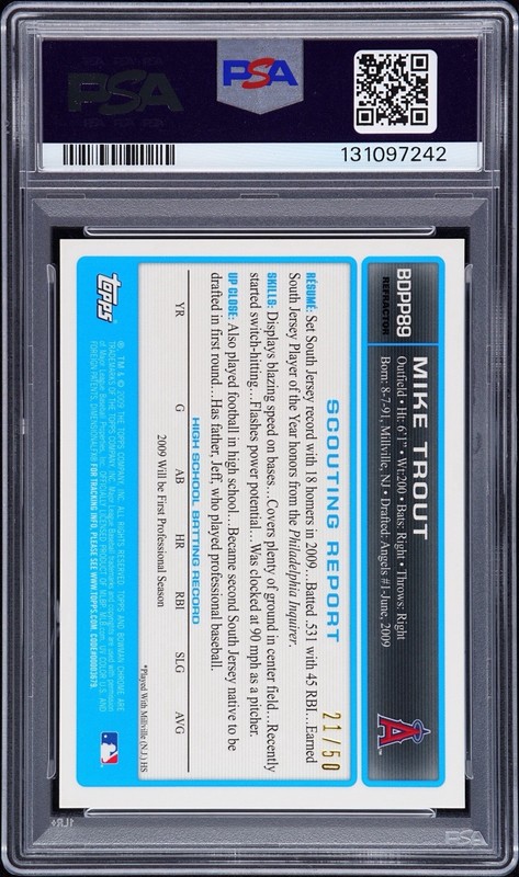 2009 BOWMAN CHROME DRAFT PICKS MIKE TROUT GOLD REFRACTOR AUTO /50 PSA 8 AL2 view 2