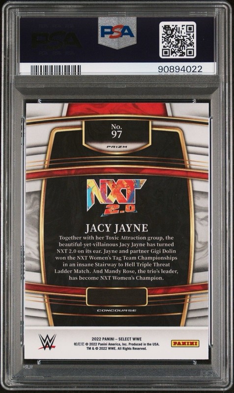 2022 Jacy Jayne WWE Panini Select Concourse Zebra Prizm PSA 10 view 2
