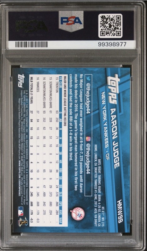 2017 Topps Holiday Aaron Judge Rookie #HMW99 PSA 10 RC view 2