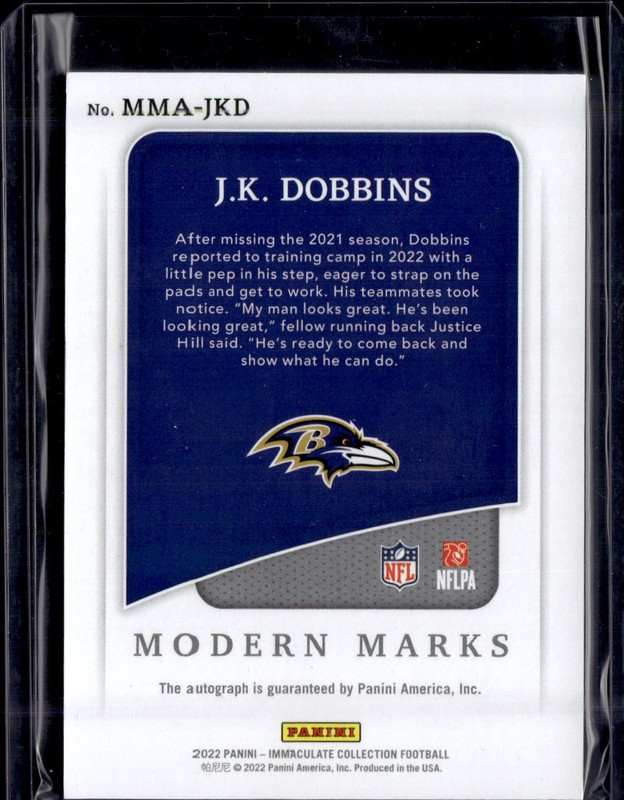 2022 Panini Immaculate  J.K. Dobbins Auto /49 Baltimore Ravens MMA-JKD view 2