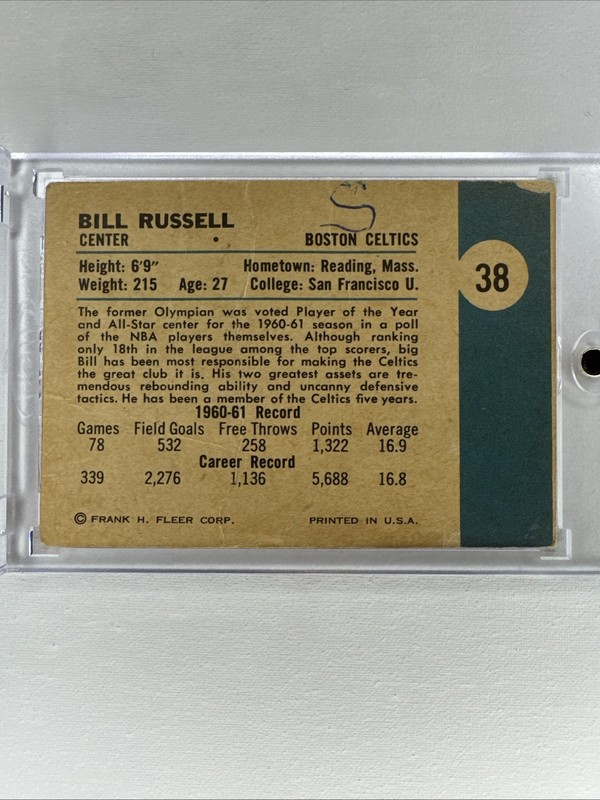 1961-62 Fleer Bill Russell #38 Boston Celtics HOF 🔥 Rare! view 2