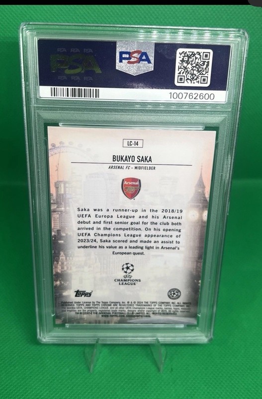 2023-24 Topps Chrome Champions League Bukayo Saka London Calling PSA 10 Arsenal view 2
