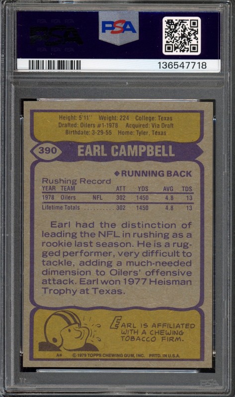 1979 Topps #390 Earl Campbell Rookie PSA 8 Vintage HOF RC Football Card (7718) view 2