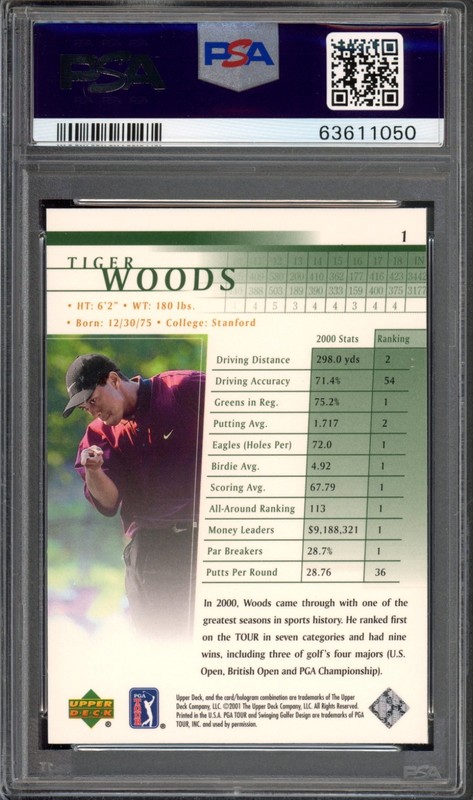 2001 Upper Deck #1 Tiger Woods Rookie PSA 7 PGA Tour Golf RC Card (1050) view 2