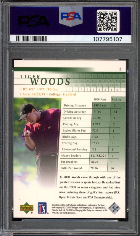 2001 Upper Deck #1 Tiger Woods Rookie PSA 8 PGA Tour Golf RC Card (5107) view 2