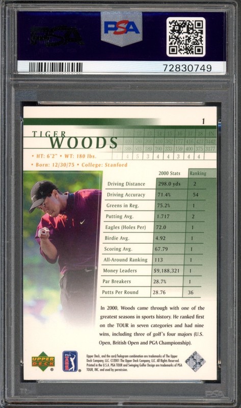 2001 Upper Deck #1 Tiger Woods Rookie PSA 8 PGA Tour Golf RC Card (0749) view 2
