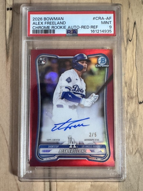  Alex Freeland RC - 2026 Bowman Chrome Red Auto #CRA-AF SN /5 PSA 9 - Dodgers