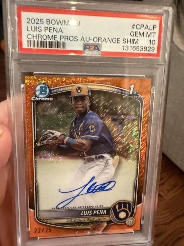 2025 BOWMAN CHROME PROSPECT AUTOS ORANGE SHIMMER #CPALP LUIS PENA /25 PSA 10