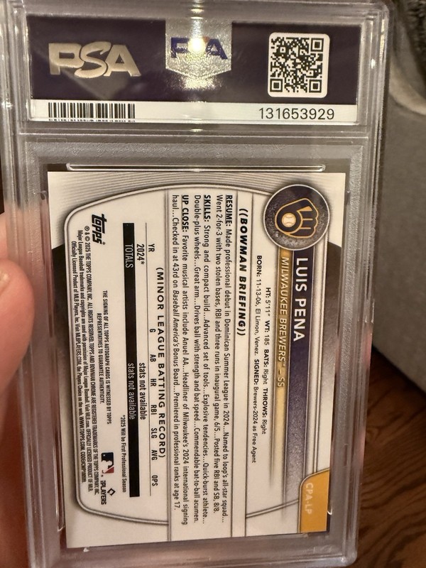 2025 BOWMAN CHROME PROSPECT AUTOS ORANGE SHIMMER #CPALP LUIS PENA /25 PSA 10 view 2