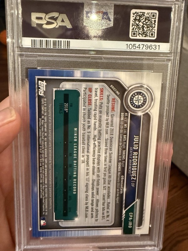 2019 Bowman Julio Rodriguez Chrome Auto 1st Blue Refractor /150 PSA 10 view 2