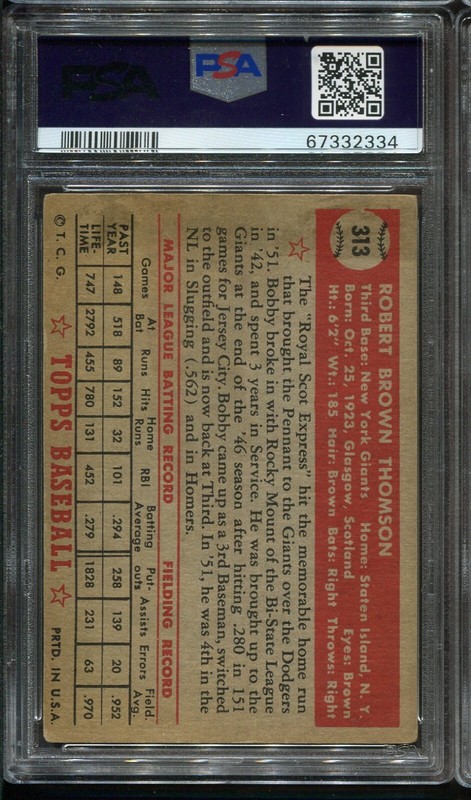 1952 Topps #313 Bobby Thomson High # PSA 2 New York Giants view 2