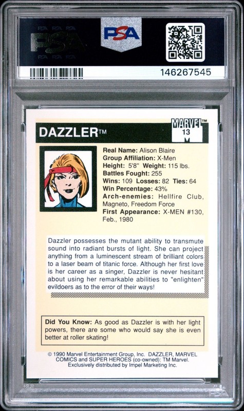 1990 MARVEL UNIVERSE #13 DAZZLER PSA 10 GEM MINT view 2