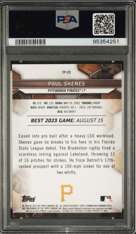 2023 Bowman's Best - Top Prospects Paul Skenes #TP-22 (RC) PSA 10 view 2