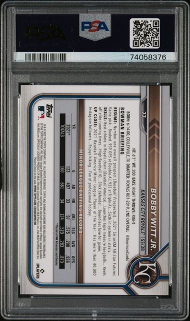 ***2022 Bowman Chrome Sapphire Bobby Witt Jr SP Yellow RC /50 Royals 77 PSA 10 view 2