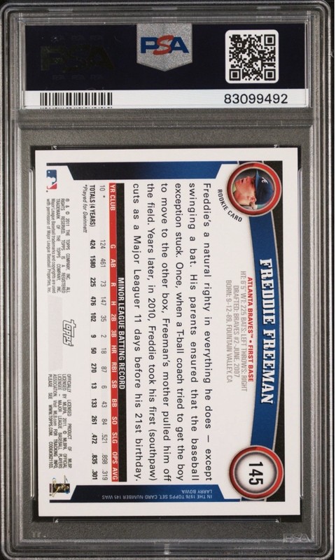 2011 Topps Freddie Freeman Rookie Card #145 Diamond Anniversary PSA 9 RC view 2