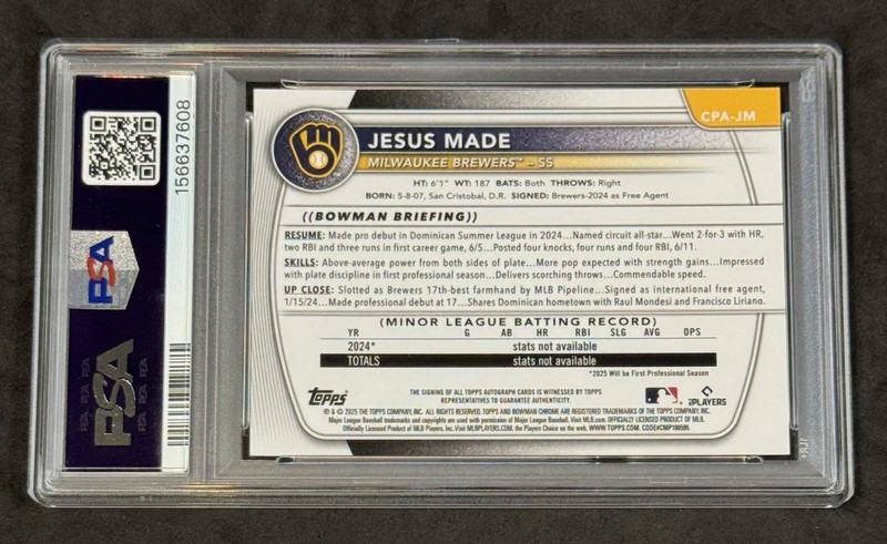 2025 Bowman Chrome Jesus Made #CPA-JM 1st Prospect Autograph Auto PSA 10 Brewers view 2