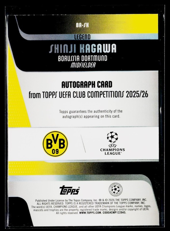 2025-26 Topps UEFA Shinji Kagawa Base Auto Black & White Foil #/75 view 2