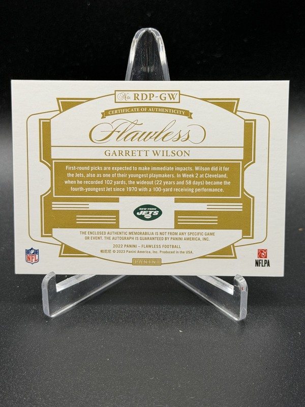 2022 Flawless #RDP-GW Garrett Wilson Rookie Dual Patch Auto Silver /20 view 2