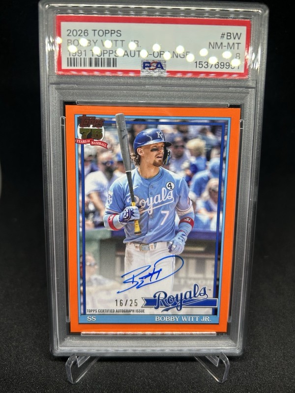 2026 Topps Series 1- 1991 Baseball Bobby Witt Jr. Royals Auto ORANGE /25 PSA 8