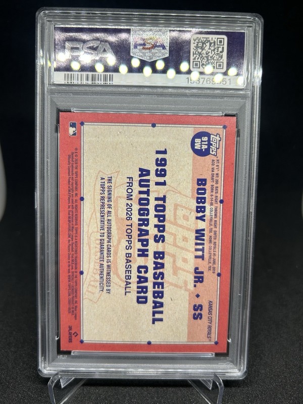 2026 Topps Series 1- 1991 Baseball Bobby Witt Jr. Royals Auto ORANGE /25 PSA 8 view 2