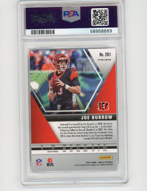 2020 Panini Mosaic - NFL Debut Joe Burrow #261 Silver Prizm (RC) PSA 9 view 2