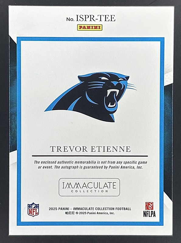 2025 Immaculate Trevor Etienne Rookie Dual Patch Auto /99 (RC, RPA) - Panthers view 2