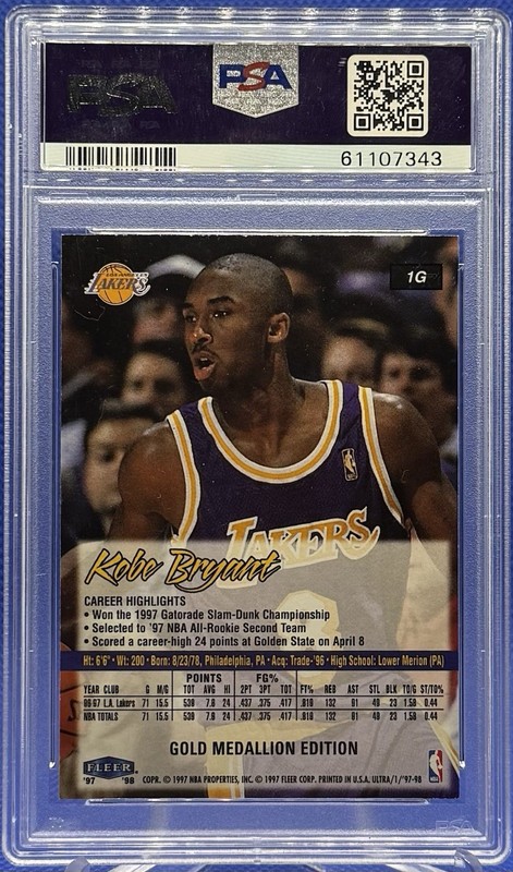 1997 Fleer Ultra Kobe Bryant Gold Medallion #1G PSA 7 Lakers view 2