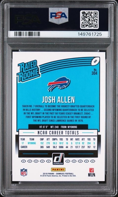 2018 Donruss Josh Allen PSA 10 Rookie Card RC #304 Buffalo Bills view 2