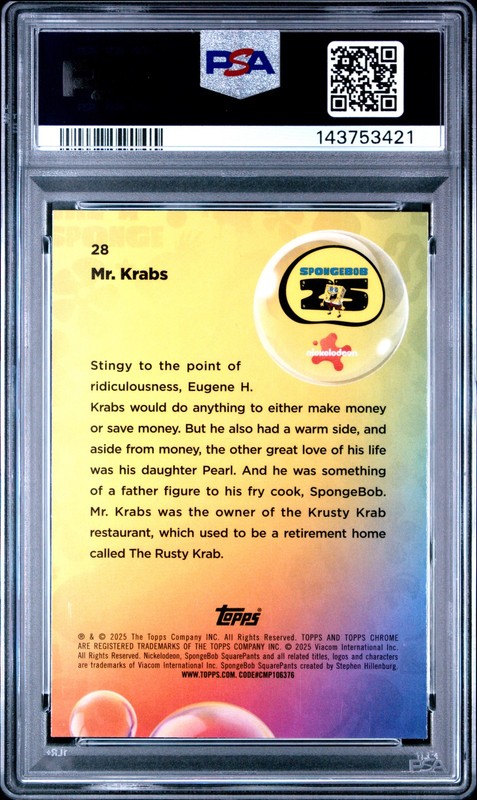 2025 Topps Chrome Spongebob Mr. Krabs Aqua Lava /199 #28 PSA 8 view 2