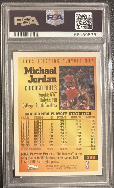 1993 TOPPS GOLD #199 MICHAEL JORDAN PSA 7 view 2