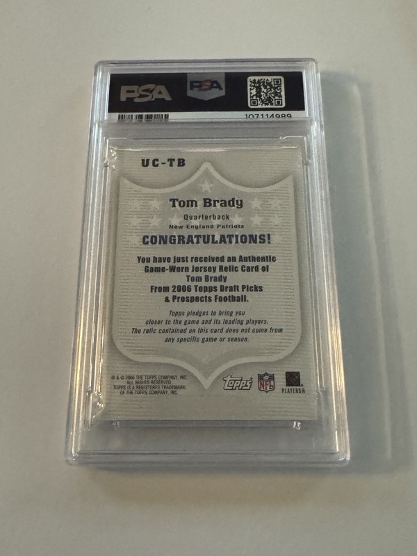 2006 Topps DPP Tom Brady Upperclassmen Jersey Relic PSA 9 Game Worn view 2