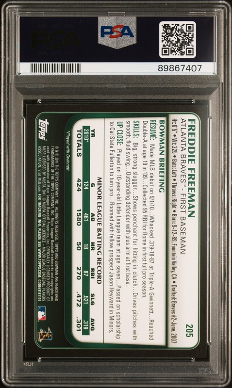 2011 Bowman #205 Freddie Freeman Rookie RC PSA 9 view 2