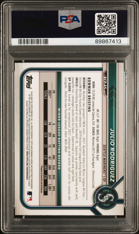 2022 Bowman Mega #BCP-45 Julio Rodriguez Chrome Refractor PSA 10 view 2