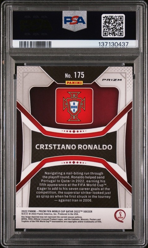 2022 Panini Prizm FIFA World Cup #175 Cristiano Ronaldo Green Wave PSA 10 view 2