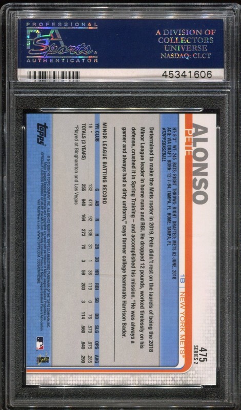 2019 Topps Pete Alonso #475 RC PSA 10 view 2